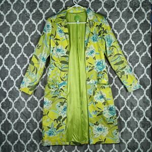 Citrine Coat Womens 4 Green Floral Print Long Duster Jacket Lined Pockets Spring